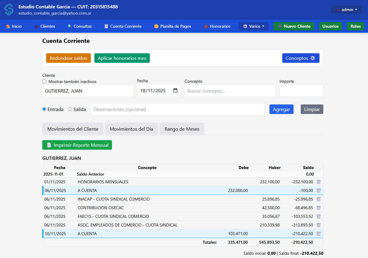 Cuenta corriente del cliente en Sismon