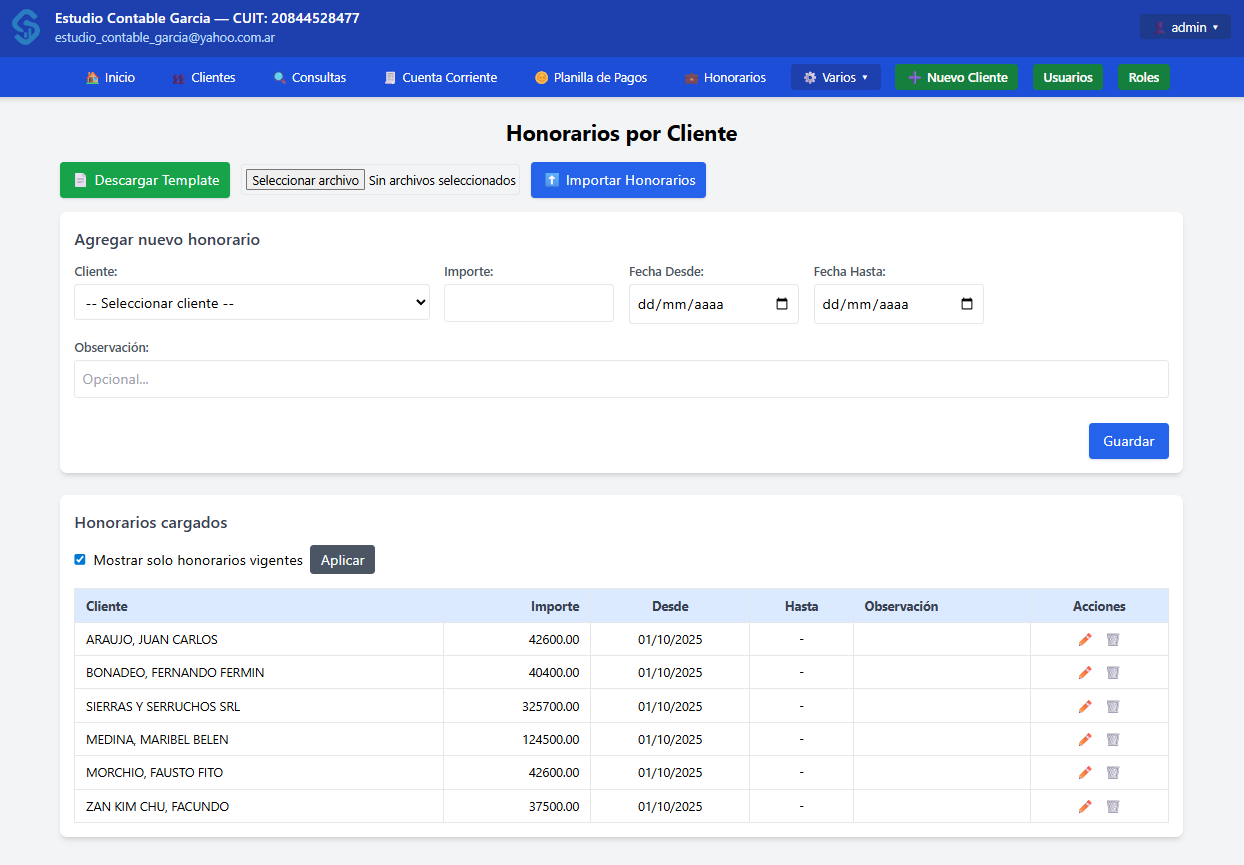 Honorarios por cliente