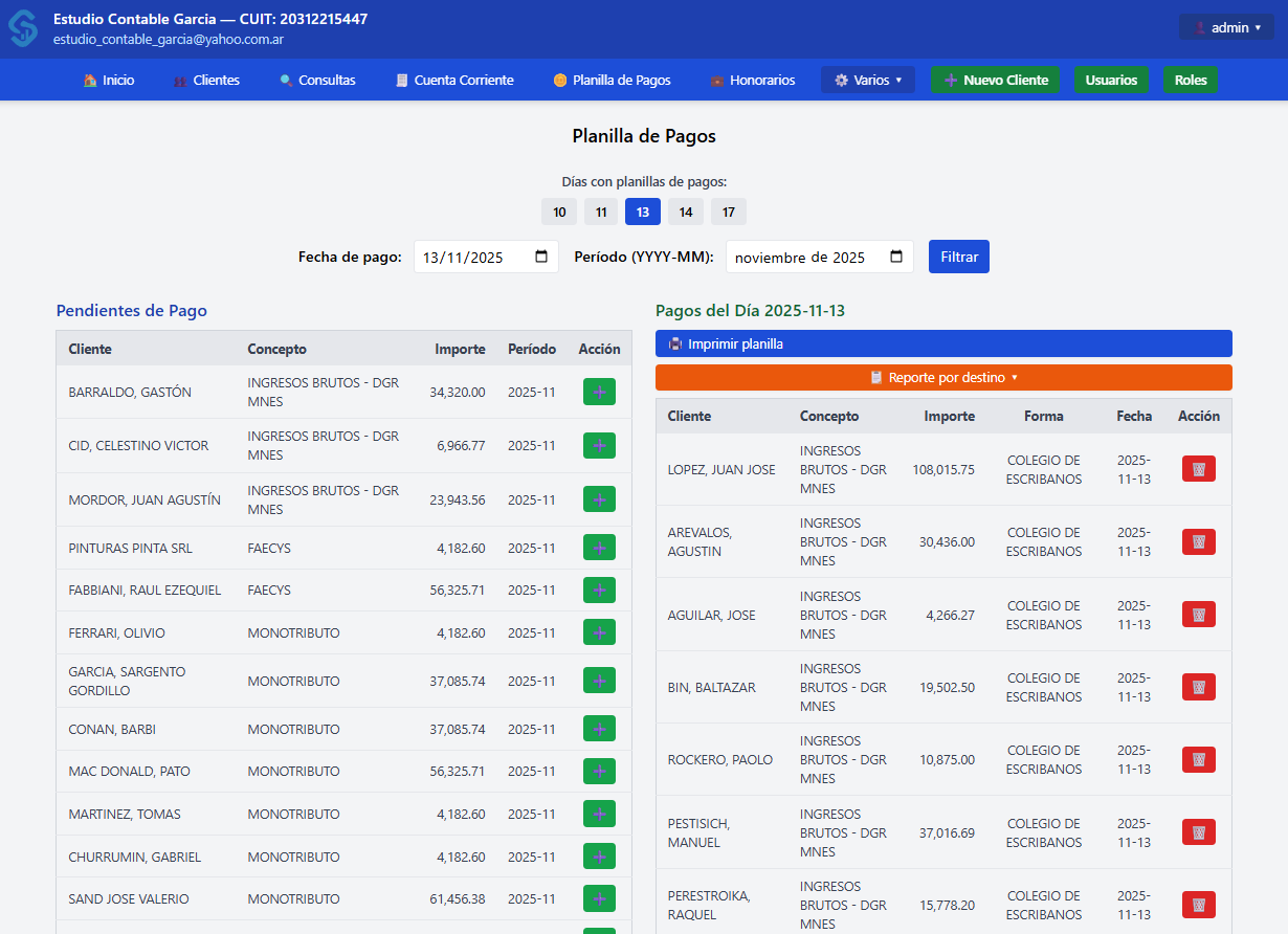 Planilla de pagos del día en Sismon