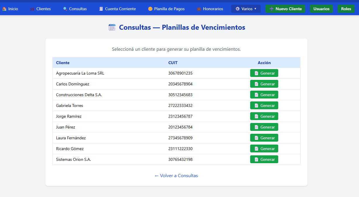 Listado de clientes para planillas de vencimientos